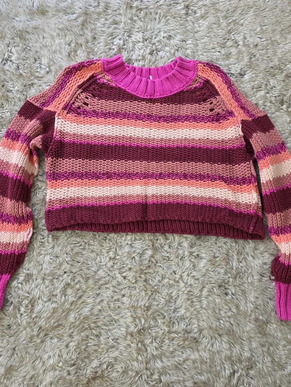 Free People Devon Striped Sweater Fuschia Rose Combo Cropped Length
